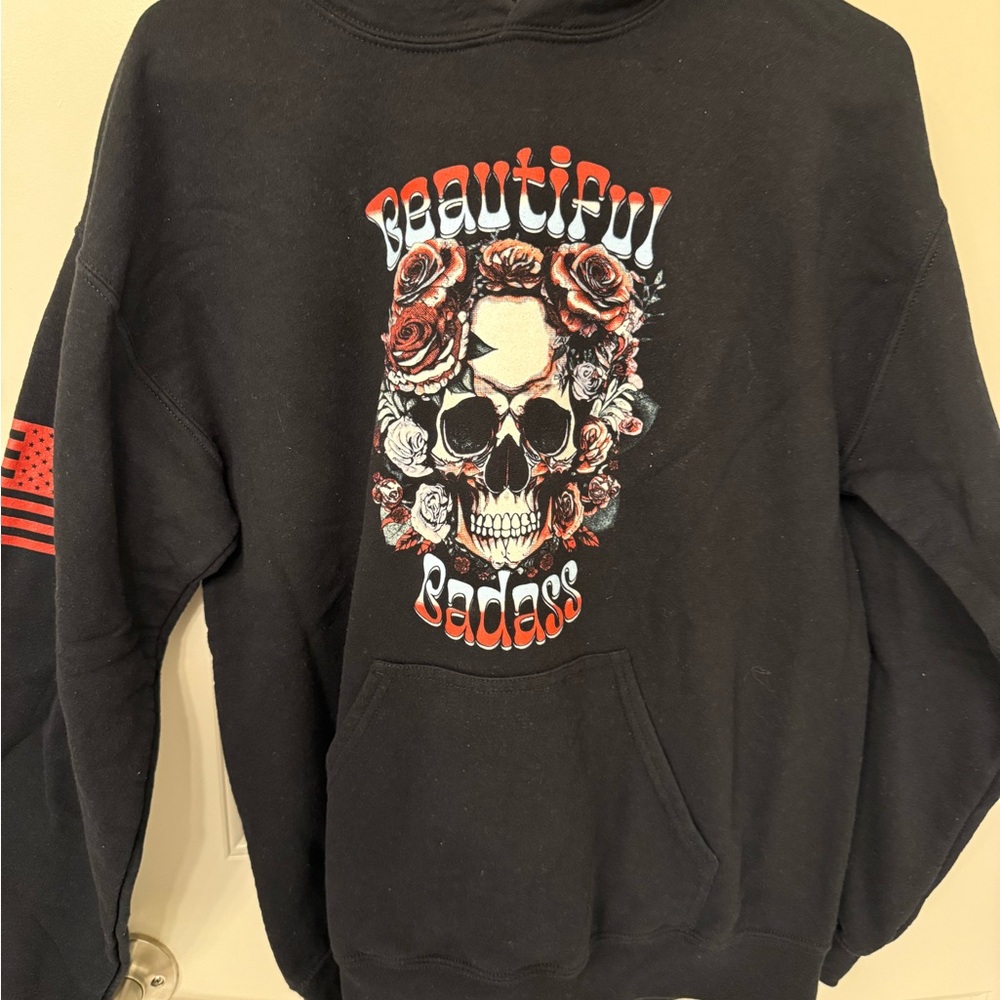 Grunt Style Black Hoodie with Skull & Rose 'Beautiful Badass' Graphic